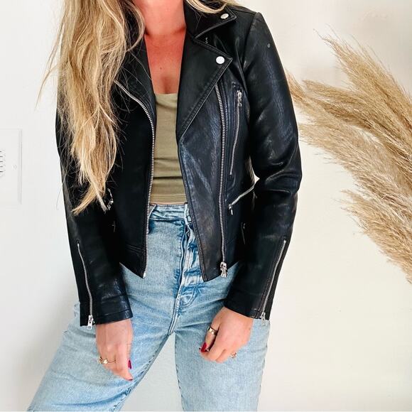 TOPSHOP Black Faux Vegan Leather Offset Side Zip Classic Moto Biker Jacket 4 - Picture 1 of 15